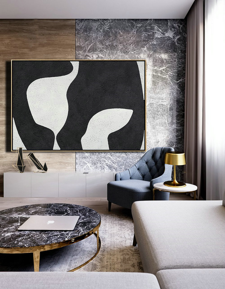 Oversized Custom Canvas Art,Hand Painted Oversized Horizontal Minimal Art On Canvas, Black And White Minimalist Painting - Modern Art